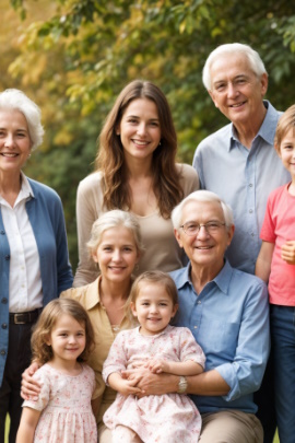 Fröhliches Familienfoto mit Frau, Großeltern und Kindern