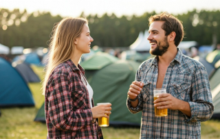 Mann und Frau mit Bierbechern unterhalten sich auf Festival