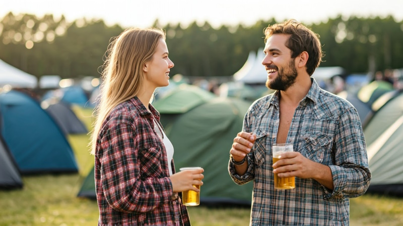 Mann und Frau mit Bierbechern unterhalten sich auf Festival