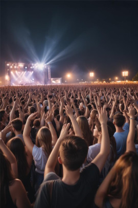 Menschenmenge abends beim Konzert mit Bühne im Hintergrund