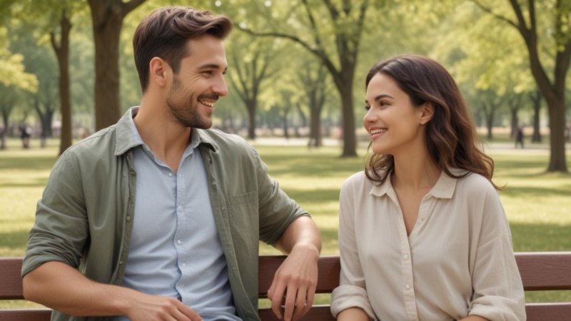 Mann und Frau sitzen lachend auf einer Bank im Park