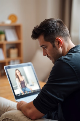 Single-Mann sitzt zu Hause frustriert am Laptop mit Partnerbörse