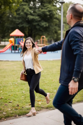 Alpha-Mann greift Hand seiner Partnerin und führt sie durch den Park