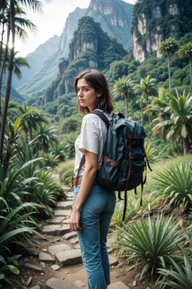 Touristin mit Rucksack läuft durch exotische Landschaft