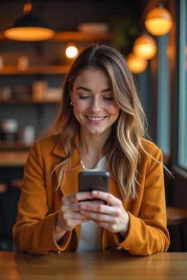 Frau im Café schaut lächelnd aufs Smartphone