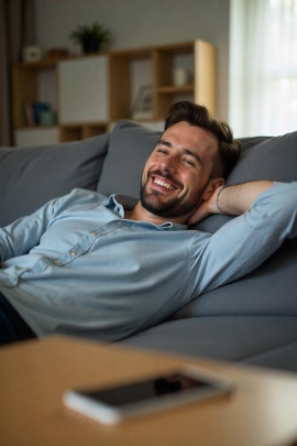 Zufriedener Mann liegt lächelnd auf dem Sofa