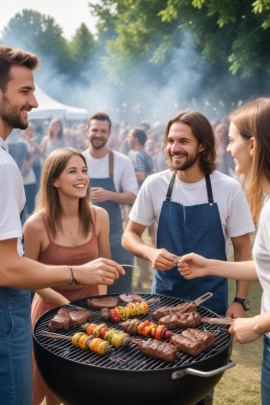 Männer und Frauen stehen lachend am Grill beim Fest