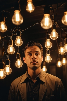 Single-Mann ist umgeben von Glühbirnen, um Gaslighting zu illustrieren