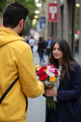 Mann überreicht Frau einen Blumenstrauß in der Stadt