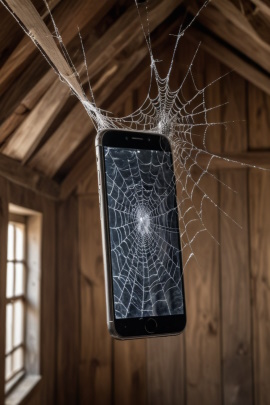 Smartphone hängt in einem Spinnennetz in einer Hütte