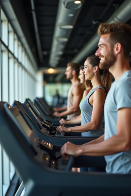 Gruppe von Menschen trainiert nebeneinander auf dem Laufband im Fitnessstudio