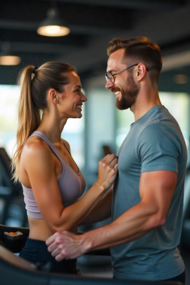 Mann und Frau flirten mit Körperkontakt im Fitnessstudio