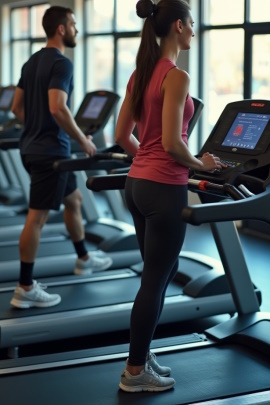 Paar steht nebeneinander auf Laufbändern im Fitnessstudio