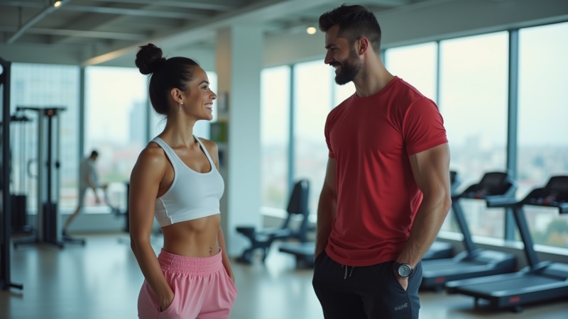 Mann und Frau reden lächelnd miteinander im Fitnessstudio