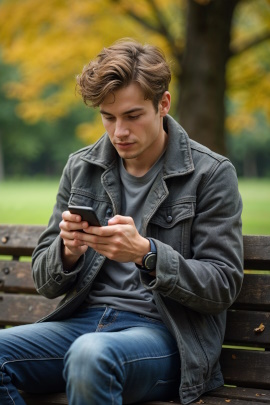 Mann sitzt im Park und schreibt am Smartphone