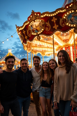 Gruppe von Freunden steht abends auf der Kirmes vorm Karussell