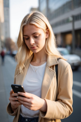 Frau steht in der City und liest Nachricht am Handy