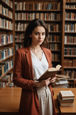 Studentin steht mit Buch in einer Bibliothek