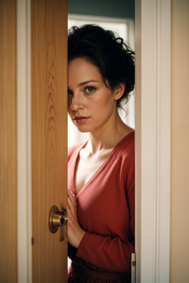 Frau schaut neugierig durch den Türspalt