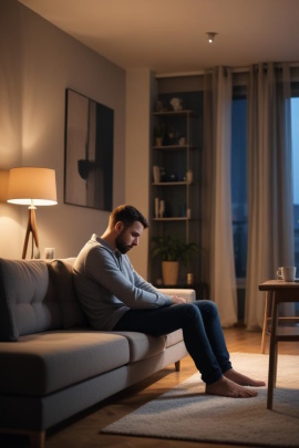 Mann sitzt traurig allein zu Hause im Wohnzimmer
