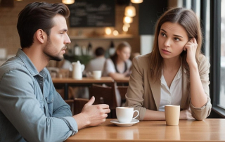 Mann sitzt in Café mit Frau und beendet Kennenlernphase