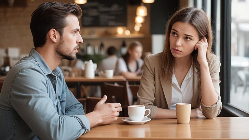 Mann sitzt in Café mit Frau und beendet Kennenlernphase