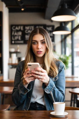 Frau mit Handy im Café blickt verwundert