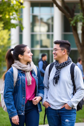 Zwei Studenten reden miteinander auf dem Campus der Uni