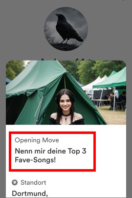 Profil einer Gothic-Frau auf Bumble mit eigenem Opening Move