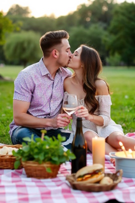 Mann und Frau küssen sich beim Picknick-Date