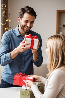 Mann macht Frau viele Geschenke