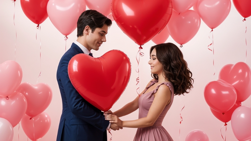 Mann und Frau sind von Herz-Luftballons umgeben als Symbol für Love Bombing