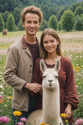 Paar posiert mit Lama auf einer Blumenwiese
