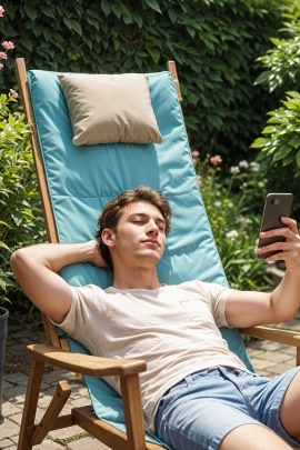 Mann mit Handy liegt entspannt im Garten bei Sonnenschein