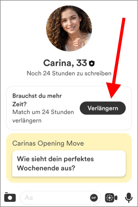 Chat-Menü bei Bumble mit Button, um Match zu verlängern