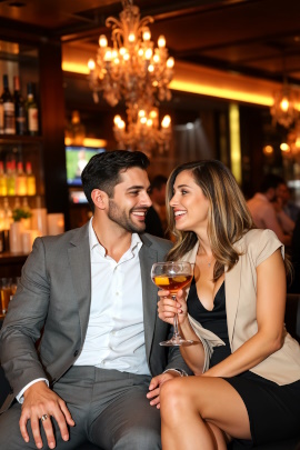 Mann und Frau in Business-Outfits flirten abends in einer Bar