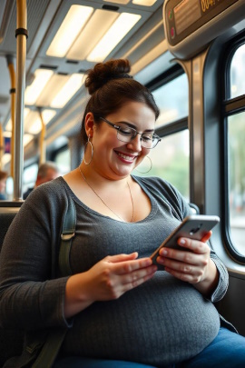 Dicke Frau im Bus liest lächelnd eine Nachricht am Handy