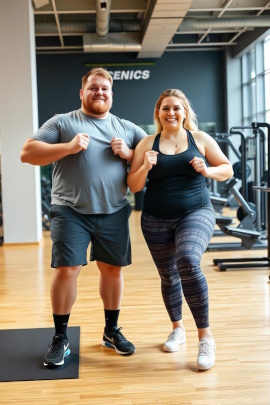 Molliges Paar glücklich beim Training im Fitnessstudio