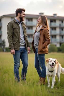 Paar mit Hund steht auf Wiese vor dem Wohnhaus