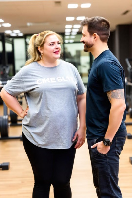 Mann steht mit übergewichtiger Frau im Fitnessstudio