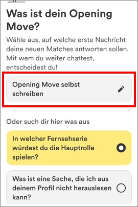 Menü bei Bumble, um einen Opening Move auszuwählen