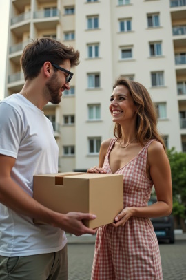 Mann übergibt seiner Nachbarin ein Paket vor Wohnhaus