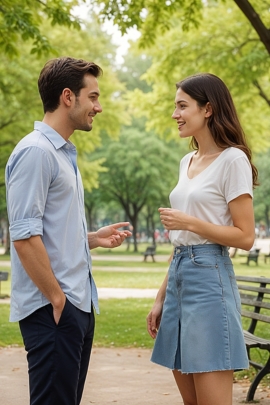 Single-Mann unterhält sich mit Frau im Park