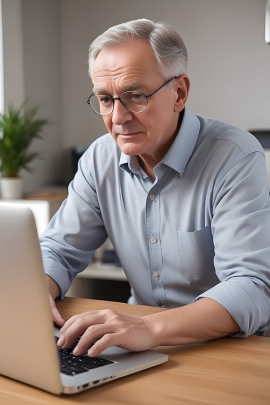 Mann ü60 sitzt am Computer und probiert Online-Dating aus