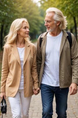 Senioren-Paar geht Händchen haltend spazieren