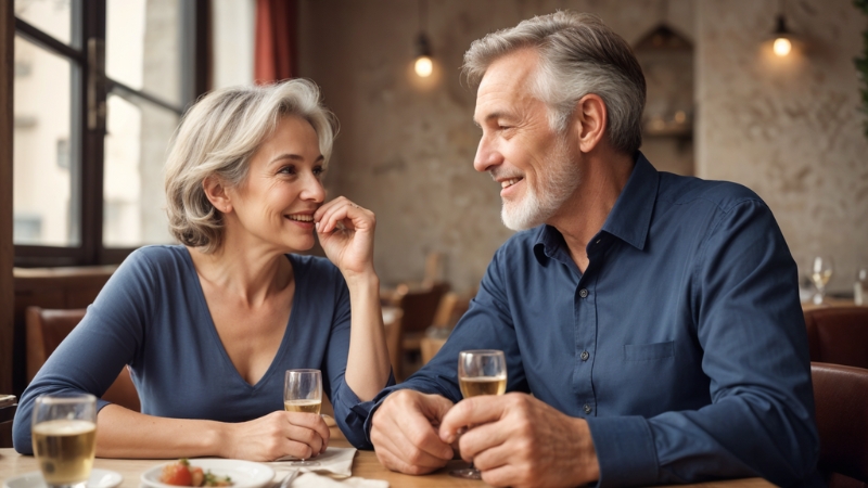 Mann und Frau in den 60ern haben ein Date im Restaurant