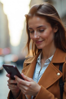 Frau in der Stadt schaut lächelnd aufs Handy