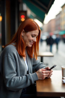 Frau sitzt vor dem Café am Tisch und liest Nachricht am Handy