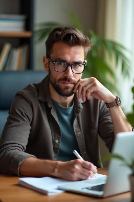 Nachdenklicher Mann sitzt zu Hause am Schreibtisch mit Laptop