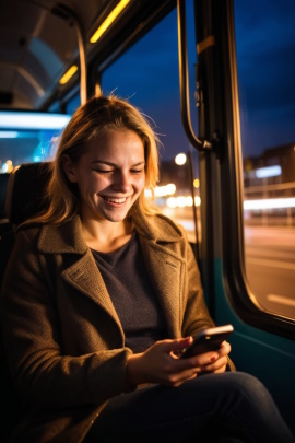 Ex-Freundin sitzt nachts im Bus und schaut hämisch grinsend aufs Smartphone